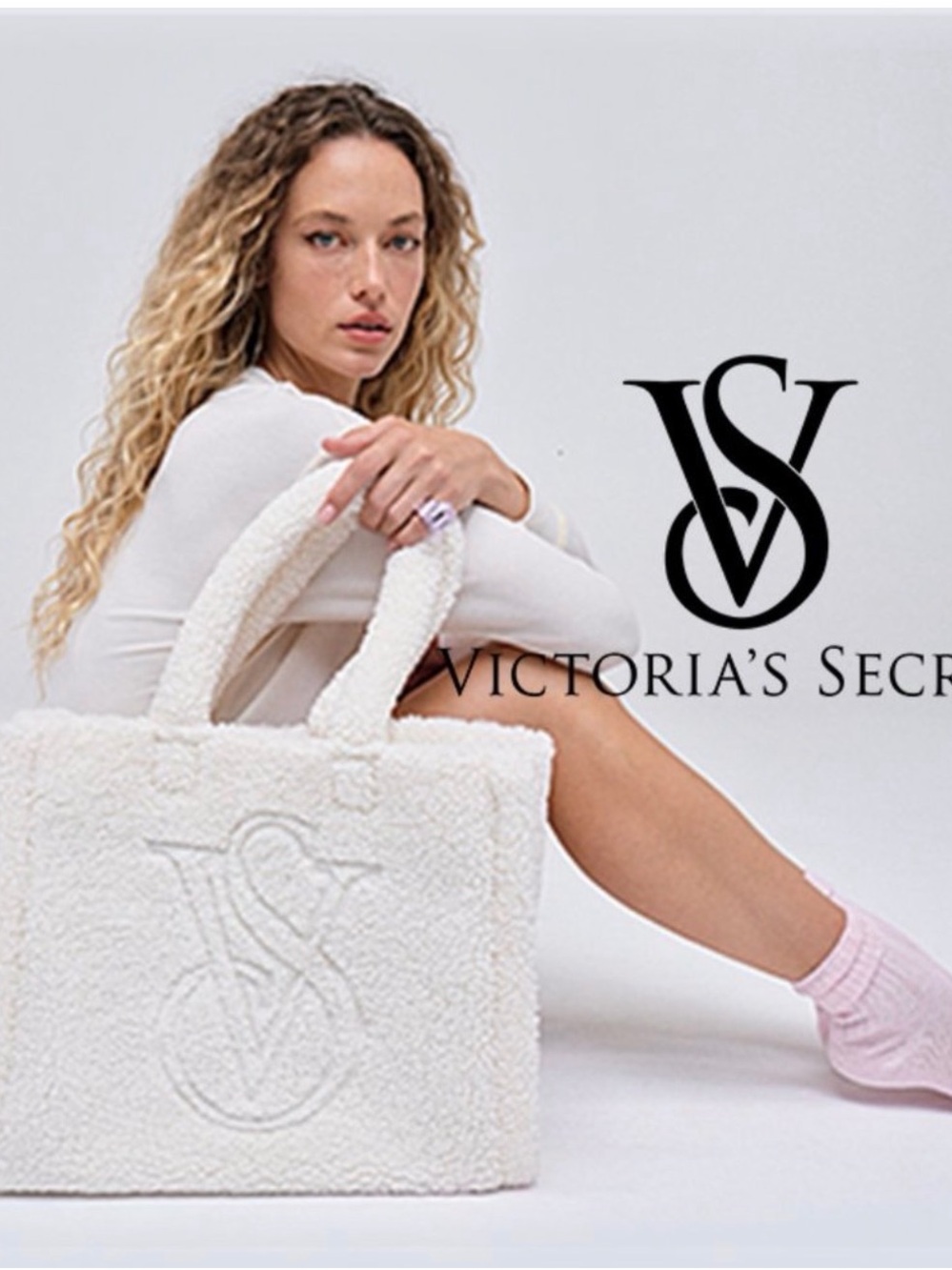 Victoria's Secret Cream Sherpa Tote with Embossed VS Logo